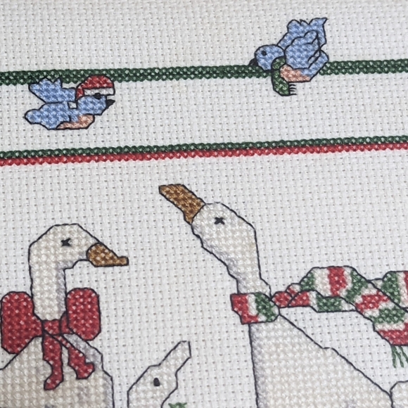 Vintage Cross Stitch Framed 8 Geese Gathering Christmas Holiday Blue Bird Holly - Picture 4 of 11